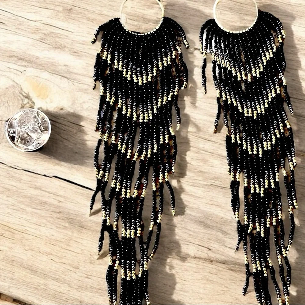 Black and Gold Glass Beaded Chandelier Earrings with Cascading Feather Design